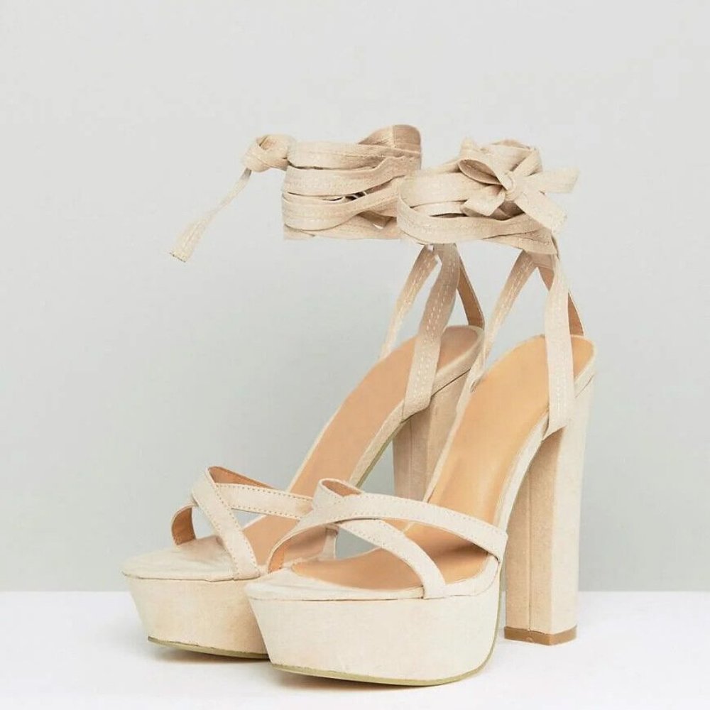 Truffle Collection Tie Ankle Platform Chunky Heel Sandals Nude Beige Size 6 NIB
